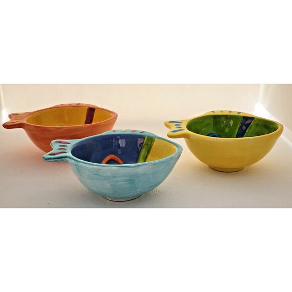 CONDIMENT/SERVING BOWLS-Colorful-Whimsical-Fish-Blue Yellow Green Orange-Set 3 - Picture 4 of 9